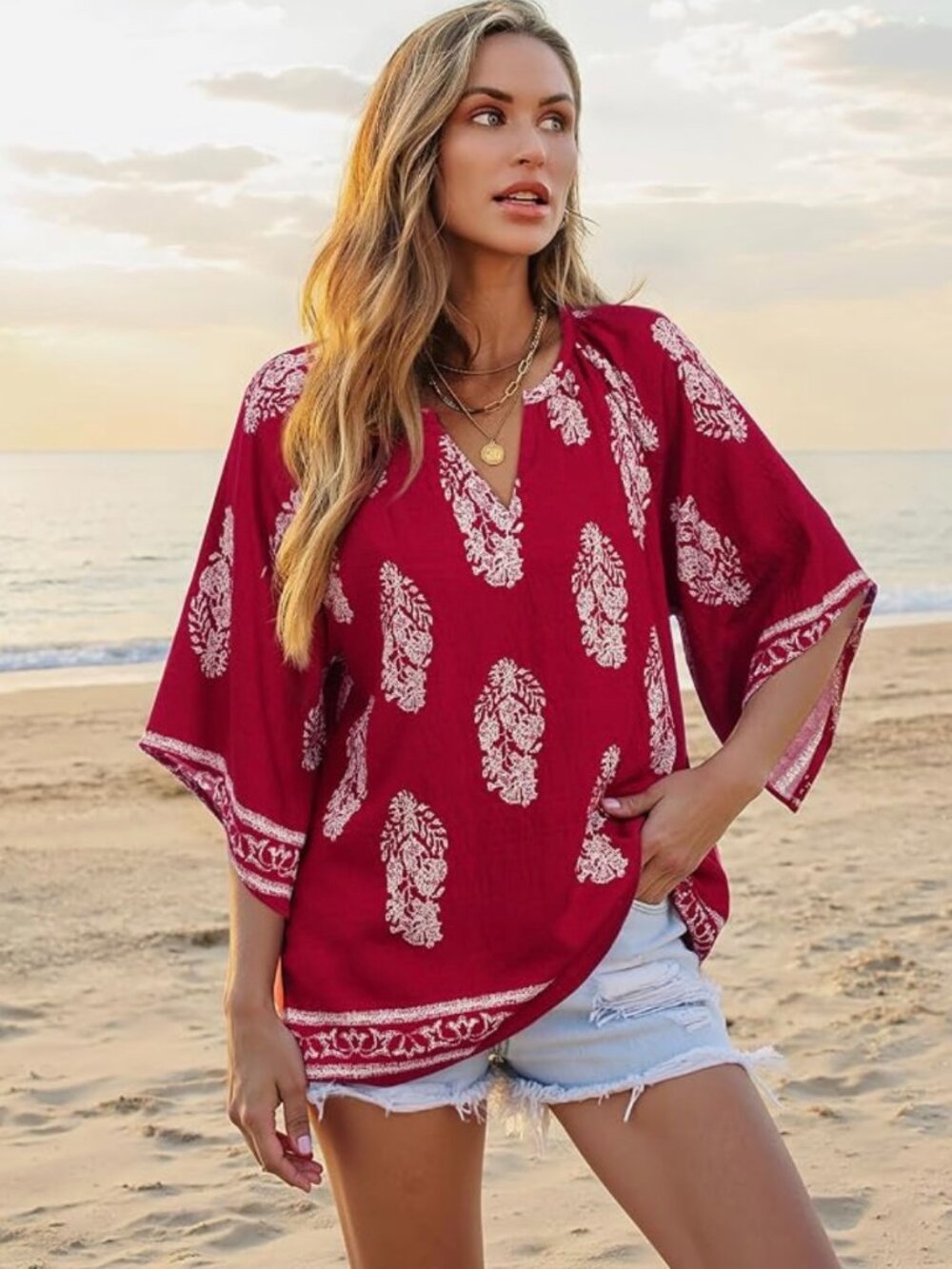 Bebonnie Womens red 3/4 sleeve V-Neck Bohemian Peasant Blouse XXL